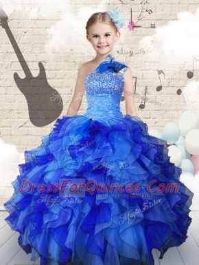 Glorious Sleeveless Beading and Ruffles Lace Up Kids Pageant Dress