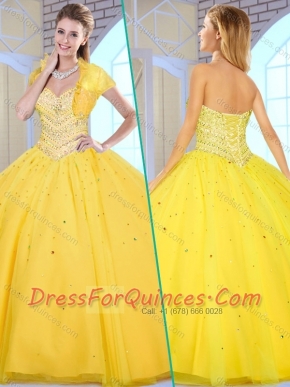Modest Ball Gown Yellow Sweet 16 Gowns with Beading