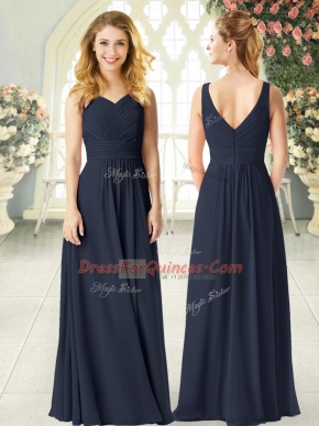 Traditional Black V-neck Neckline Ruching Prom Evening Gown Sleeveless Zipper