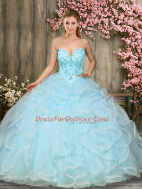 Popular Aqua Blue Sleeveless Floor Length Beading and Ruffles Lace Up Vestidos de Quinceanera