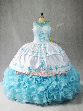 Extravagant Ball Gowns Ball Gown Prom Dress Baby Blue Scoop Fabric With Rolling Flowers Sleeveless Floor Length Lace Up