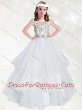 Adorable Scoop White Little Girl Pageant Dress with Beading and Ruffled Layers