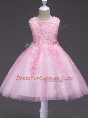 Custom Design Baby Pink Zipper Kids Pageant Dress Appliques Sleeveless Knee Length