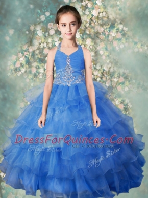 Artistic Halter Top Sleeveless Organza Girls Pageant Dresses Beading and Ruffled Layers Zipper