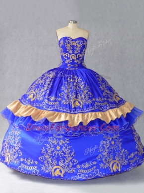 Graceful Royal Blue Satin and Organza Lace Up Sweetheart Sleeveless Floor Length Sweet 16 Quinceanera Dress Embroidery and Bowknot
