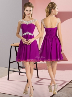 Romantic Beading Dama Dress Purple Lace Up Cap Sleeves Mini Length