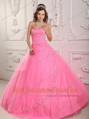 Rose Pink  Ball Gown Sweetheart Floor-length Tulle Appliques Quinceanera Dress