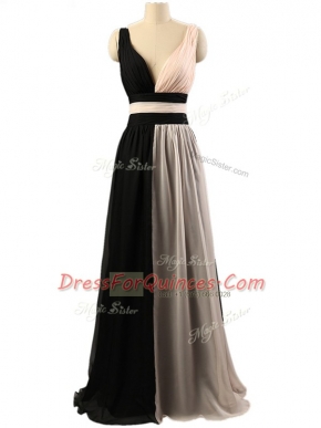 Best White And Black Sleeveless Ruching Floor Length Damas Dress