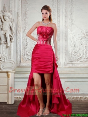 High Low Strapless Ruffled Coral Red Junior Dresses with Hand Made Flower