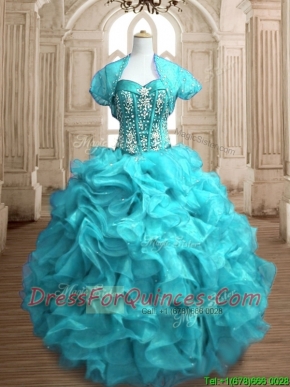 Popular Beaded and Ruffled Organza Quinceanera Dress in Teal