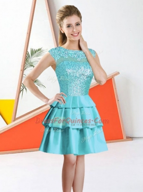 Suitable Aqua Blue Backless Damas Dress Beading and Lace Sleeveless Knee Length