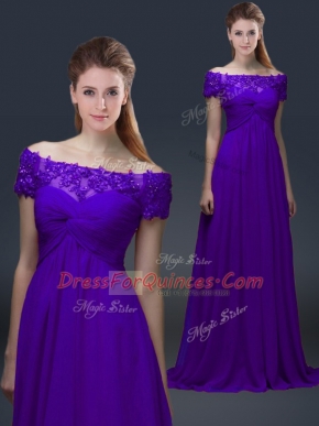 Pretty Appliques Prom Gown Purple Lace Up Short Sleeves Floor Length