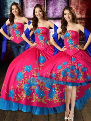 Fancy Hot Pink Lace Up Quinceanera Gowns Embroidery Sleeveless Floor Length