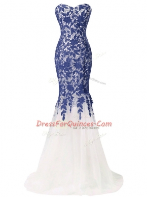 Zipper Evening Dress Blue And White for Prom and Military Ball and Sweet 16 with Beading and Lace and Appliques Brush Train