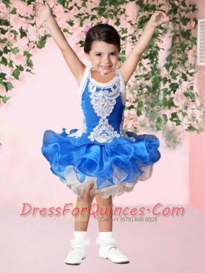 Luxurious Ball Gown Halter Mini-length Appliques Beading Blue Little Girl Dress