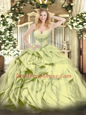 Beauteous Olive Green Lace Up Sweetheart Beading and Ruffles Sweet 16 Quinceanera Dress Organza Sleeveless