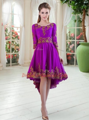 Scoop Long Sleeves Prom Party Dress High Low Embroidery Purple Satin
