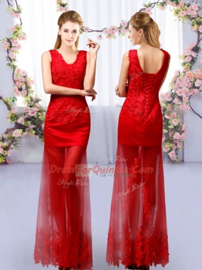 Sleeveless Floor Length Lace Lace Up Quinceanera Court Dresses with Red