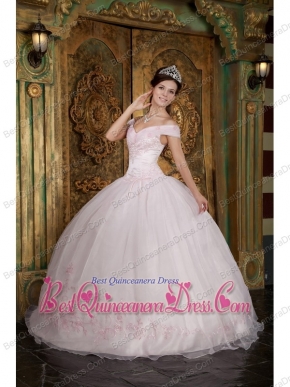 Light Pink Ball Gown Off The Shoulder Floor-length Appliques Organza Quinceanera Dress