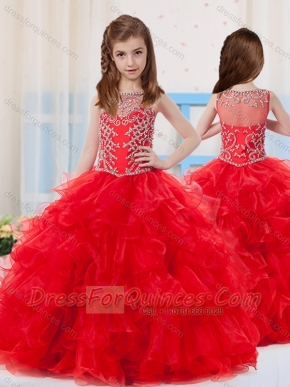 Red Ball Gowns Scoop Organza Beaded Bodice Little Girl Pageant Dress with Side Zipper
