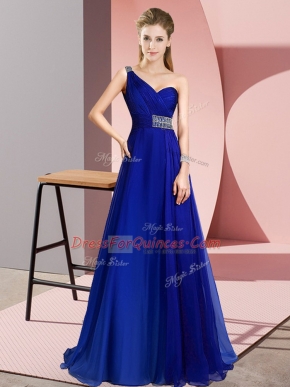 High Quality Royal Blue One Shoulder Neckline Beading Prom Party Dress Sleeveless Criss Cross