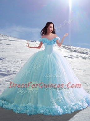 Eye-catching Off the Shoulder Cap Sleeves Lace Up Quince Ball Gowns Baby Blue for Military Ball and Sweet 16 and Quinceanera with Hand Made Flower Court Train