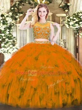 Floor Length Zipper Quince Ball Gowns Rust Red for Military Ball and Sweet 16 and Quinceanera with Beading and Ruffles