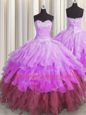 Sleeveless Organza Floor Length Lace Up Sweet 16 Quinceanera Dress in Multi-color with Beading and Ruffles and Ruffled Layers and Pick Ups