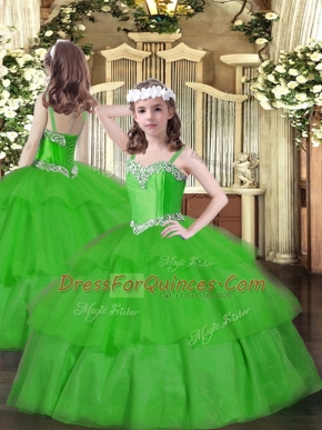 Green Sleeveless Beading and Ruffled Layers Floor Length Kids Pageant Dress