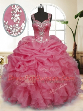 High Quality Sleeveless Floor Length Beading and Ruffles and Pick Ups Zipper Sweet 16 Dresses with Pink