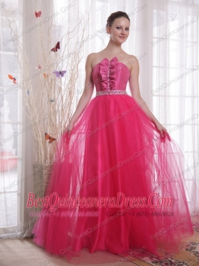 Hot Pink A-Line / Princess Strapless Floor-length Tulle Beading Prom Dress