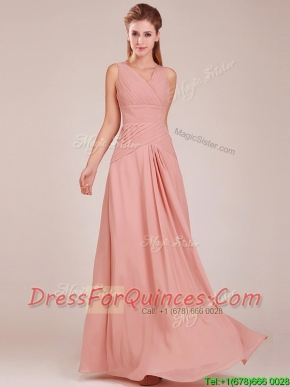 Modest Ruched Decorated Bodice Peach Dama Dresses with V Neck