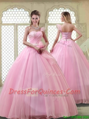 Lovely Rose Pink Quinceanera Dresses with One Shoulder
