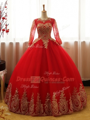 Red Ball Gowns Organza Scoop Long Sleeves Appliques Floor Length Lace Up Sweet 16 Dress