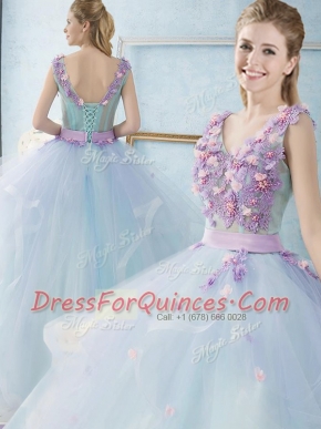 V-neck Sleeveless Lace Up Quinceanera Gown Light Blue Tulle