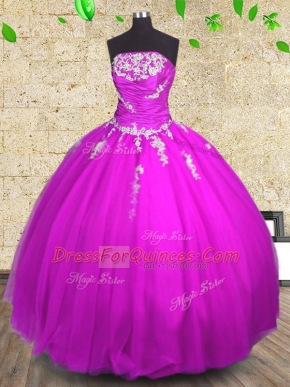 Admirable Fuchsia Sleeveless Floor Length Appliques and Ruching Lace Up Vestidos de Quinceanera