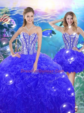 Adorable Blue Sweetheart Lace Up Beading and Ruffles Vestidos de Quinceanera Sleeveless