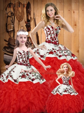 Sweetheart Sleeveless 15th Birthday Dress Floor Length Embroidery and Ruffles White And Red Satin and Organza