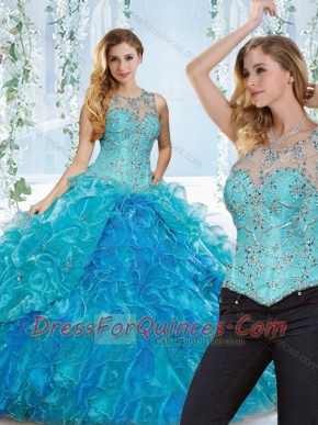 Elegant See Through Beaded and Ruffled Detachable Quinceanera dresses in Blue