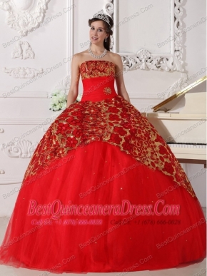 2013 Red Strapless Floor-length Tulle Beading and Ruch Quinceanera Dress