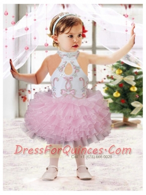 Beautiful Ball Gown Halter Tea-length Beading Ruffles Pink Little Girl Dress