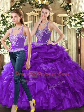 Floor Length Eggplant Purple Sweet 16 Dresses Straps Sleeveless Lace Up