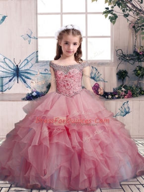 Sleeveless Organza Floor Length Lace Up Little Girl Pageant Gowns in Pink with Beading and Ruffles