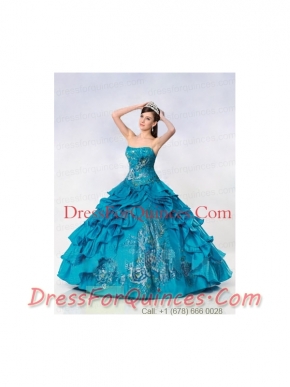 Strapless Ball Gown Taffeta Embroidery Quinceanera Dress in Turquoise