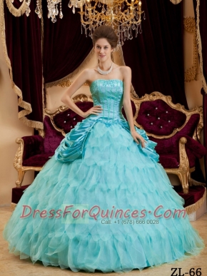 Aqua Blue Ball Gown Strapless Floor-length Ruffles Taffeta and Organza Beautiful Quinceanera Dress