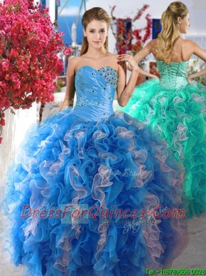Luxurious Beaded and Ruffled Organza Quinceanera Dress in Blue and White