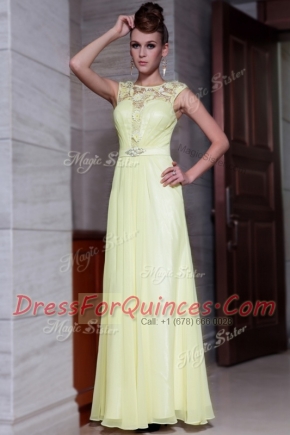 Light Yellow Prom Party Dress Prom and Party and For with Beading and Hand Made Flower Scoop Cap Sleeves Zipper