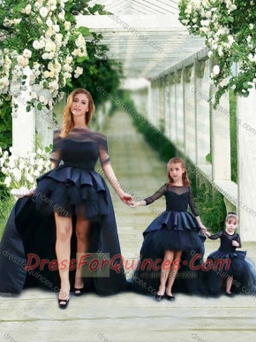 Fashionable High Low Navy Blue Prom Dress with Bateau and Gorgeous See Through 3/4 Length Sleeves Little Girl Dress with Scoop and New Style High Low Tobbler Dress with Long Sleeves