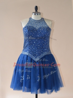 Royal Blue A-line Halter Top Sleeveless Tulle Mini Length Lace Up Beading Teens Party Dress
