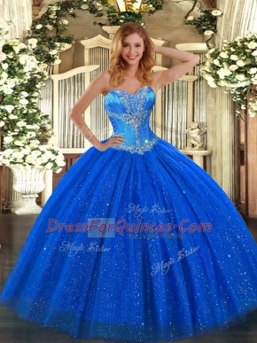 Dazzling Royal Blue Tulle and Sequined Lace Up Sweetheart Sleeveless Floor Length Quinceanera Dress Beading
